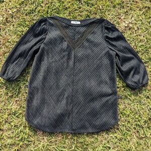 Vintage 70s Metallic Stripe Top M Sheer Black Chevron Lace 3/4 Puff Sleeve Disco